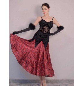 Black lace red rose flowers ballroom dance dresses for women young girls tango waltz foxtrot rhythm dancing gown with feather gloves competition long skirts